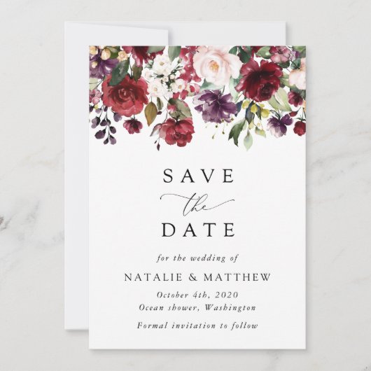 Burgund-Blume, rosa Blume, Grünpflanzen, Hochzeit Save The Date (Vorderseite)