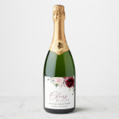 Burgund-Blume, rosa Blume, Grünpflanzen, Hochzeit Schaumweinetikett (Vorderseite)