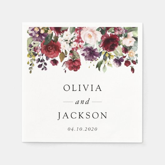 Burgund-Blume, rosa Blume, Grünpflanzen, Hochzeit Serviette (Vorderseite)