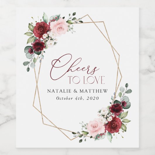 Burgund-Blume, rosa Blume, Grünpflanzen, Hochzeit Weinetikett (Einzelnes Label)