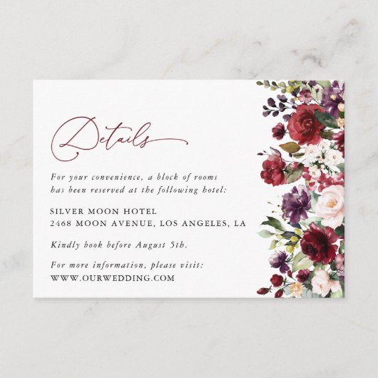 Burgund-Blume, rosa Blume, Hochzeitdetails Begleitkarte (Vorderseite)