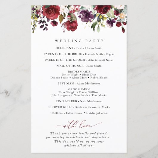 Burgund-Blume, rosa Blume, Hochzeitsprogramm (Rückseite)