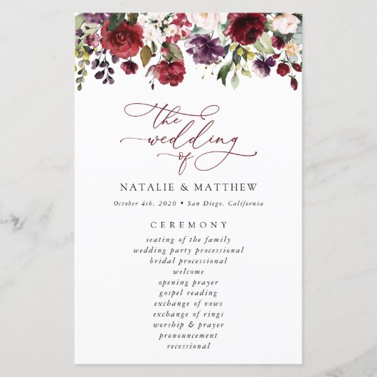 Burgund-Blume, rosa Blume, Hochzeitsprogramm (Vorderseite)