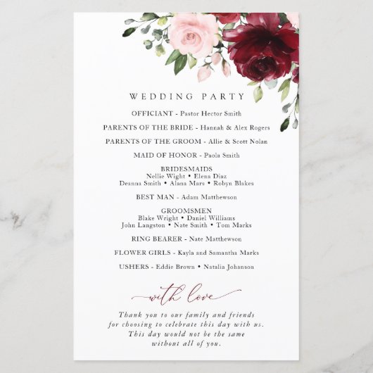 Burgund-Blume, rosa Blume, Hochzeitsprogramm (Rückseite)