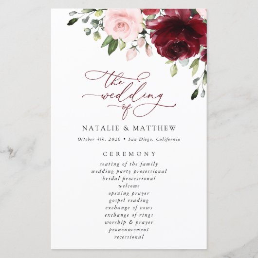 Burgund-Blume, rosa Blume, Hochzeitsprogramm (Vorderseite)