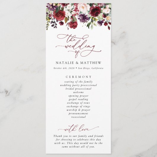 Burgund-Blume, rosa Blume, Hochzeitsprogramm Programm (Vorderseite)