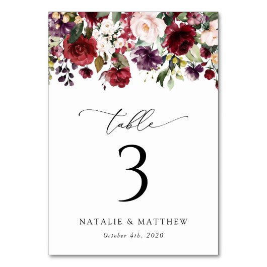 Burgund-Blume, rosa Blume, Tischnummern (Rückseite)