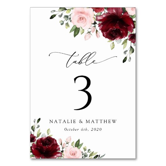 Burgund-Blume, rosa Blume, Tischnummern (Rückseite)