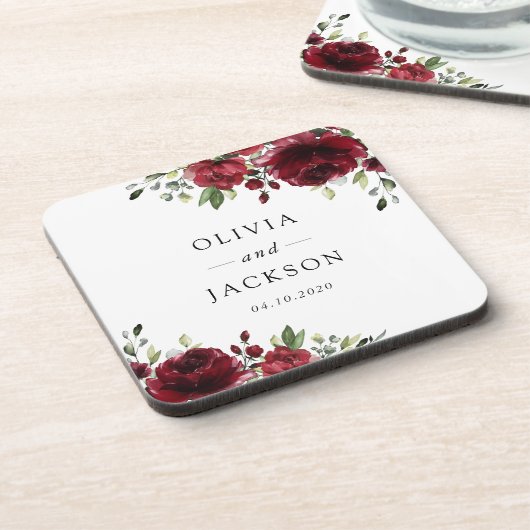 Burgund-Blume, Rote Blume, Blumenhochzeit Getränkeuntersetzer (Linke Seite)