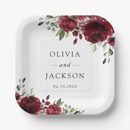 Burgund-Blume, Rote Blume, Blumenhochzeit Pappteller (Vorderseite)