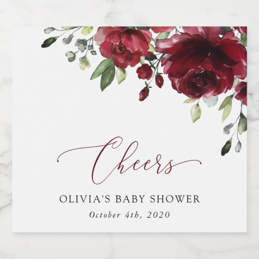 Burgund-Blume, Rote Blume, Boho, Babydusche Schaumweinetikett (Einzelnes Label)