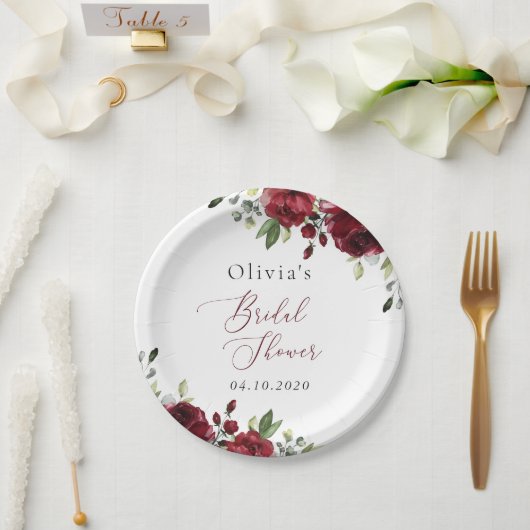 Burgund-Blume, Rote Blume, Boho, Brautparty Pappteller (Hochzeit)