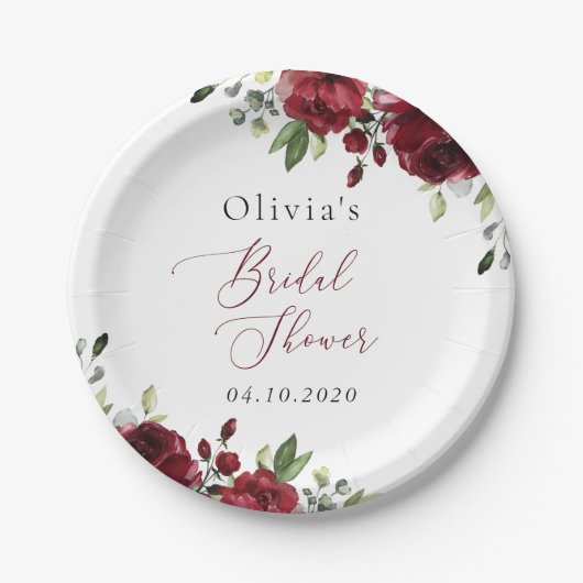 Burgund-Blume, Rote Blume, Boho, Brautparty Pappteller (Vorderseite)