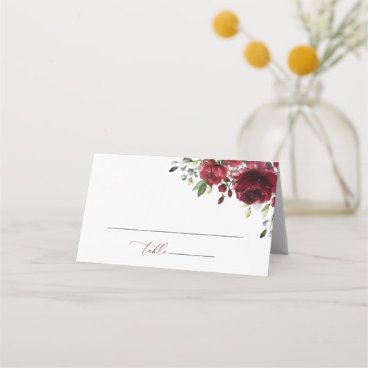 Burgund-Blume, Rote Blume, Boho, Brautparty Platzkarte (Vorderseite)