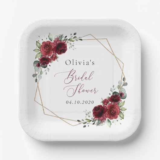 Burgund-Blume, Rote Blume, Brautparty Pappteller (Vorderseite)