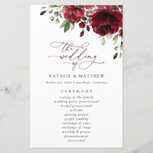 Burgund-Blume, Rote Blume, Hochzeitsprogramm (Vorderseite)