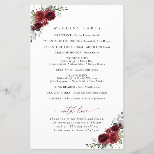 Burgund-Blume, Rote Blume, Hochzeitsprogramm (Rückseite)