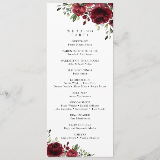 Burgund-Blume, Rote Blume, Hochzeitsprogramm Programm (Rückseite)