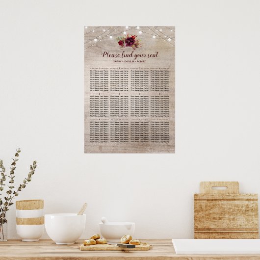 Burgund-Blume Rustikale Hochzeitssattelkarte Poster (Küche)