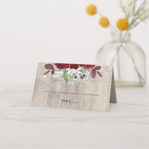 Burgund Blume Rustikale Holzhochzeit Platzkarte