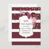 Burgund Blume und Gold Confetti Save the Date Ankündigungspostkarte (Vorne/Hinten)