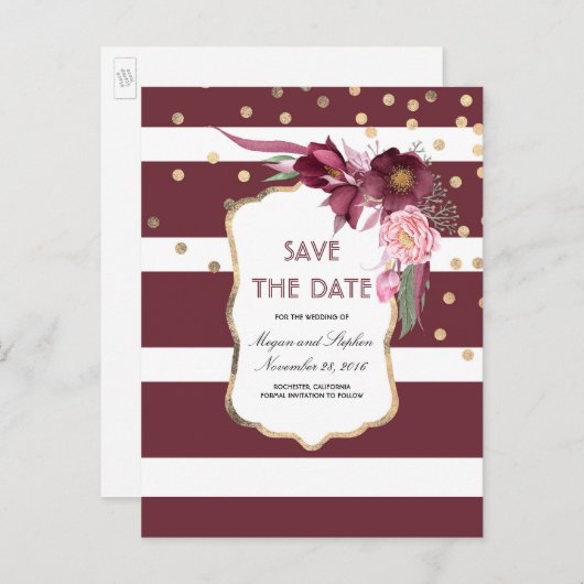 Burgund Blume und Gold Confetti Save the Date Ankündigungspostkarte (Vorne/Hinten)