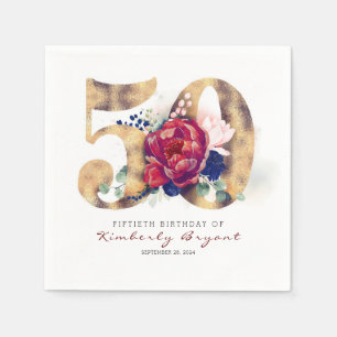 Burgund Blume und Goldtypografie 50. Geburtstag Serviette