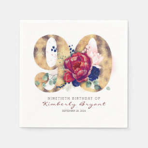 Burgund Blume und Goldtypografie 90. Geburtstag Serviette