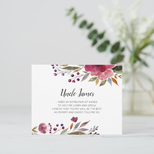 Burgund-Blume werden Sie mein Patenvorschlag sein Einladung (Stehend Vorderseite)