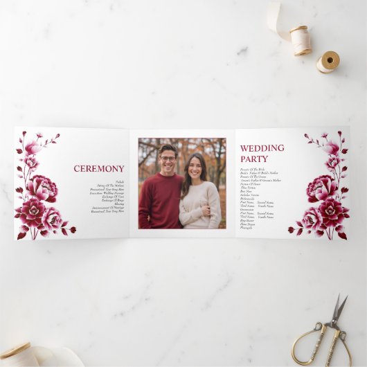Burgund Blumen Chinoiserie Peony Hochzeitsprogramm Dreifach-gefaltete Programmkarte (Innenseite)