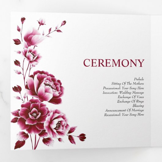 Burgund Blumen Chinoiserie Peony Hochzeitsprogramm Dreifach-gefaltete Programmkarte (Innen Erste Seite)