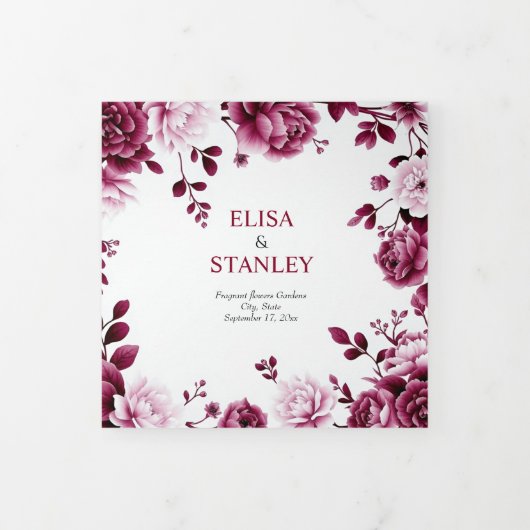 Burgund Blumen Chinoiserie Peony Hochzeitsprogramm Dreifach-gefaltete Programmkarte (Cover)