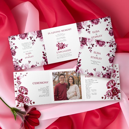 Burgund Blumen Chinoiserie Peony Hochzeitsprogramm Dreifach-gefaltete Programmkarte