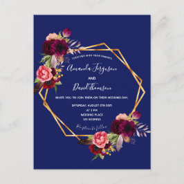 Burgund Blumen geometrische blaue Hochzeitseinladu Postkarte