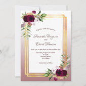 Burgund Blumen Goldbrunnen Rose Hochzeit Einladung (Vorderseite)