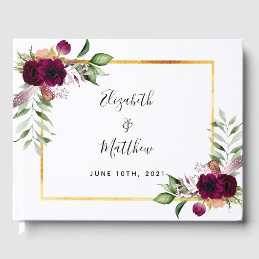 Burgund Blumen Grüne Salbei Grün Hochzeit Gästebuch (Vorderseite)