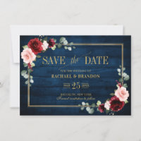 Burgund Blumen Navyblau Goldrahmen Save-the-Date-K