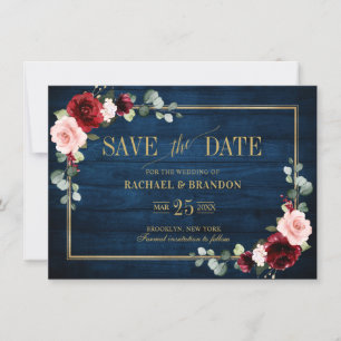 Burgund Blumen Navyblau Goldrahmen Save-the-Date-K