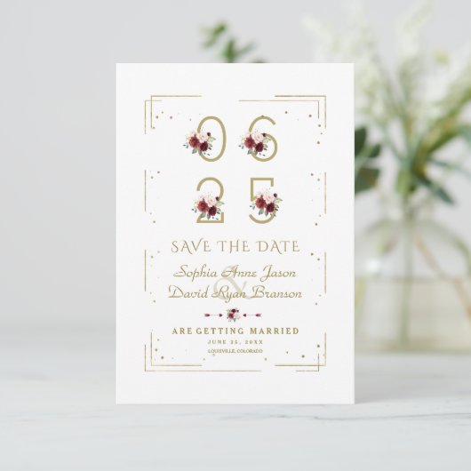 Burgund-Blumen-Nummer Hochzeit speichern das Datum Save The Date (Stehend Vorderseite)