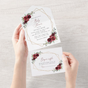 Burgund Blumen, Rote Blumen, Babyparty All In One Einladung