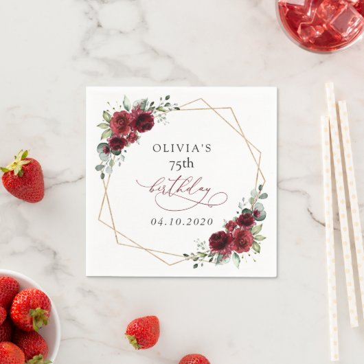 Burgund Blumen, Rote Blumen, Boho, Geburtstag Serviette (Beispiel)