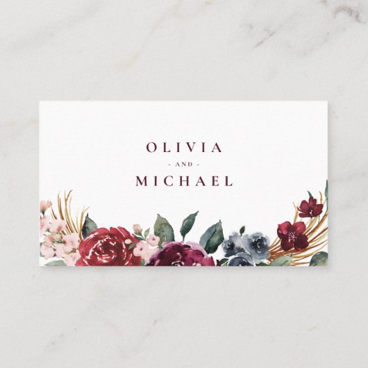 Burgund Blumen rustikale Hochzeitswebsite Beilage Platzkarte (Rückseite)