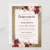 Burgund Blumen Sparkle Gold Quinceanera Einladung (Vorderseite)