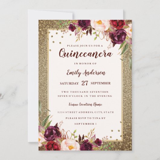 Burgund Blumen Sparkle Gold Quinceanera Einladung (Vorderseite)