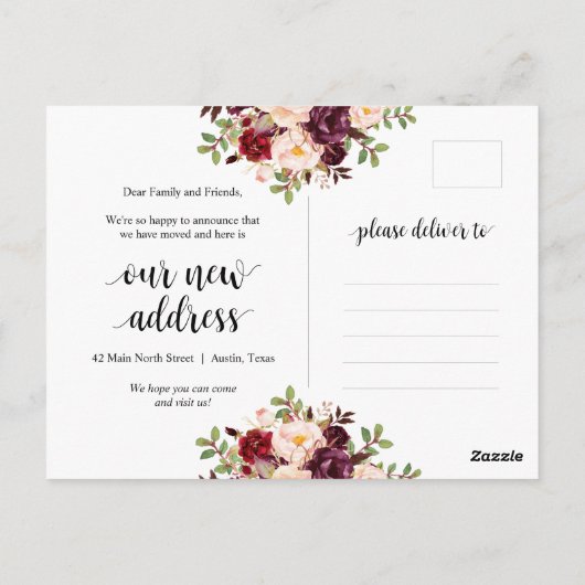 Burgund Blumen, unsere neue Zuhause-Adresse Ankünd Postkarte (Rückseite)