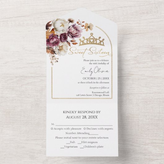 Burgund Blumenarchus Fall Süß 16 All In One Einladung (Innen Boden)