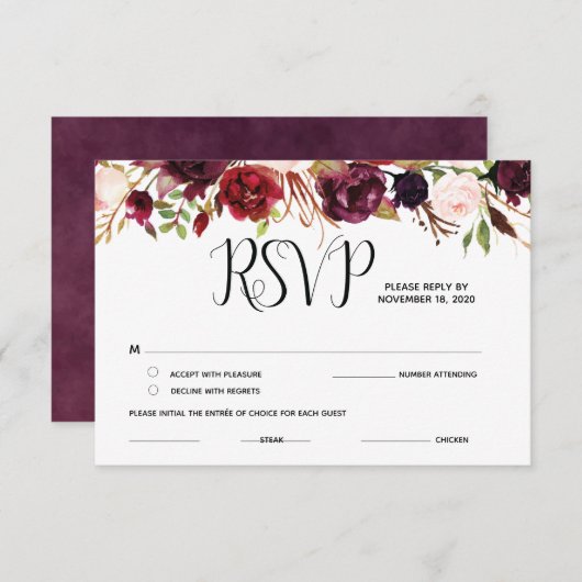 Burgund blumengeschmückte UAWG, Response, Antwortk Begleitkarte (Vorne/Hinten)