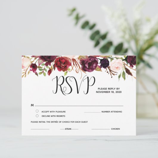 Burgund blumengeschmückte UAWG, Response, Antwortk Begleitkarte (Stehend Vorderseite)