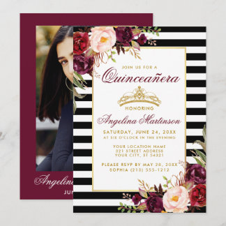 Burgund Blumengestein Quinceanera Crown Stripes Fo Einladung