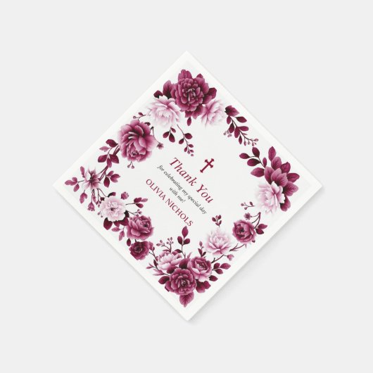 Burgund Blumengestelle Mädchen Taufe Danke Serviette (Ecke)